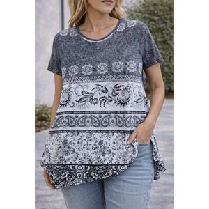 Sacred Threads Womens Floral Paisley Sharkbite Tunic Top Black White L/XL NWT